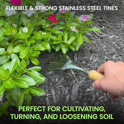 Garden Guru Eco Hand Rake Soil Tiller- 100% Recycled Stainless Steel - Rust Resistant - FSC Certified Wood Ergonomic Handle - Great for Gardening, Cultivating, Loosening Soil & Spreading Mulch