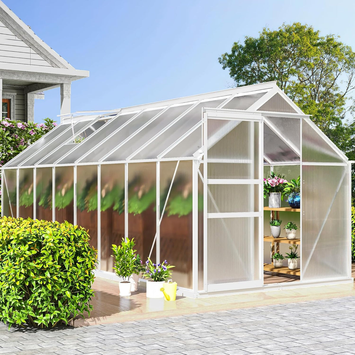 DWVO 6x16FT Polycarbonate Greenhouse Heavy Duty Green Houses Outdoor Aluminum Greenhouses with Sliding Doors Vent Window Walk-in Greenhouse Large Sun House for Garden Backyard, Matte Sliver