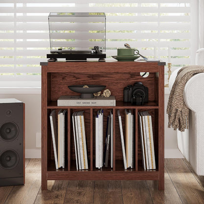 ChooChoo Large Record Player Stand with Charging Station & LED Light, Vinyl Record Holder hold up to 300 Albums, Farmhouse End Table for Bedroom, Living Room, Walnut