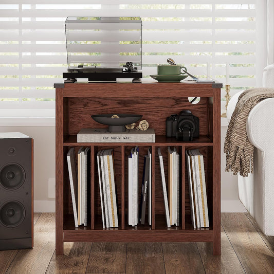 ChooChoo Large Record Player Stand with Charging Station & LED Light, Vinyl Record Holder hold up to 300 Albums, Farmhouse End Table for Bedroom, Living Room, Walnut