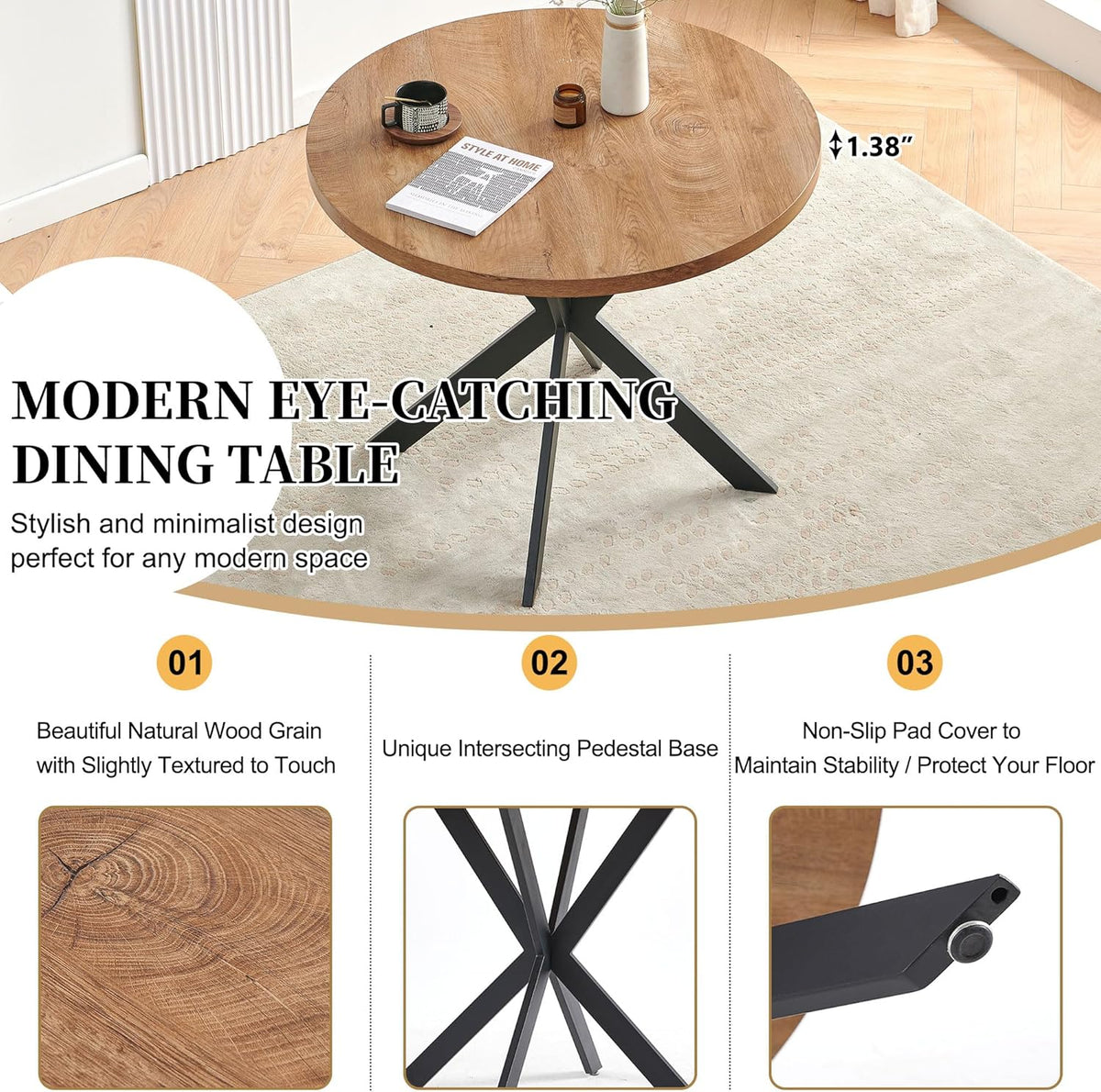 Homedot Kitchen Dining Table Set for 4, Modern Compact Round Dining Breakfast Dinner Table Chairs Set for Apartment Dining Room, Rustic Brown Table with Black Boucle Dining Side Chairs Set