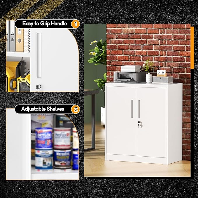 Greenvelly Metal Garage Storage Cabinet, White 36" Locking File Cabinet with 2 Doors and Adjustable Shelves for Home Office,School