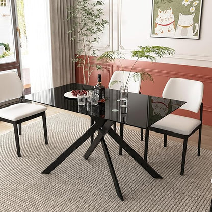 51" Rectangular Glass Dining Table Modern Kitchen Glass Top Table for 4 with Black Metal Legs, Clear Dining Table Kitchen Table for Home Office Dining Room