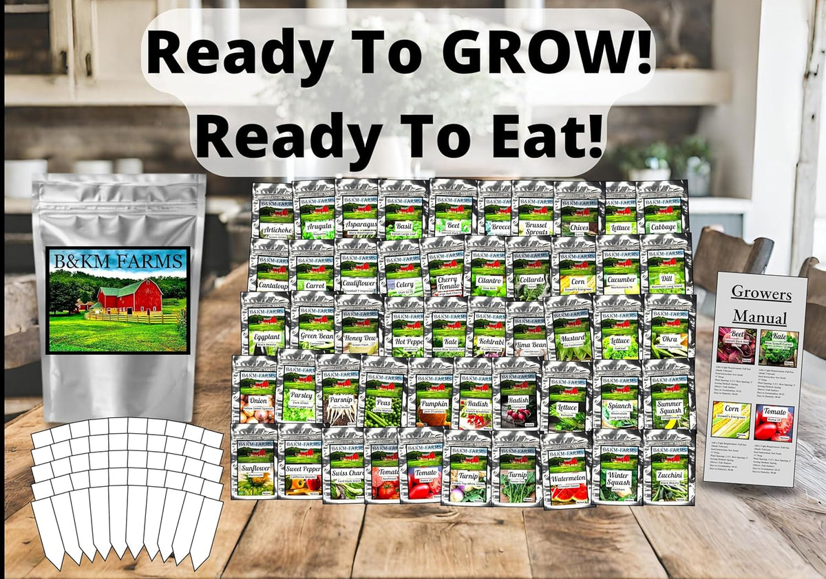 B&KM Farms 30,000+ Survival Seed Kit 5+ Year Supply. 50 Fruit & Vegetable Non-GMO Heirloom Seeds for Planting a Home Garden. Secure Emergency Weather-Proof Package(1, Large)