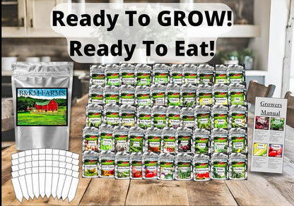 B&KM Farms 30,000+ Survival Seed Kit 5+ Year Supply. 50 Fruit & Vegetable Non-GMO Heirloom Seeds for Planting a Home Garden. Secure Emergency Weather-Proof Package(1, Large)