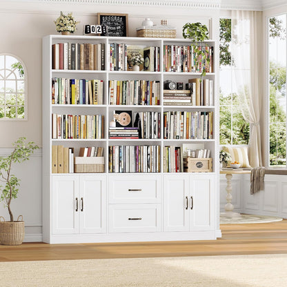 HOSTACK 71" Tall Triple Wide Bookshelf with Storage Drawers & Doors, White