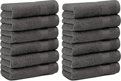 White Classic Resort Collection Soft Washcloth Face & Body Towel Set | 12x12 Luxury Hotel Plush & Absorbent Cotton Washclothes [12 Pack, Charcoal]
