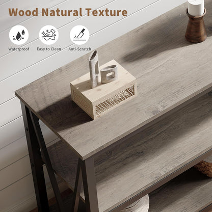 IDEALHOUSE Industrial Entryway Table, 47 in Narrow Long Console Table with Storage, 3 Tier Wood Console Table for Living Room, Farmhouse Sofa Tables Behind Couch, Hallway Table for Foyer-Grey