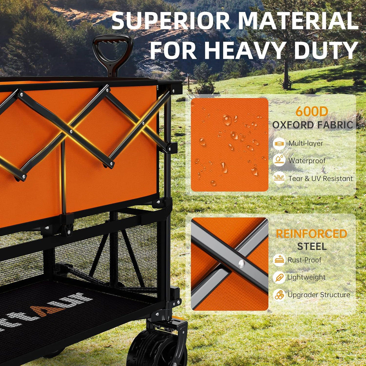 Foldable 50''L Extra Long Double Decker Wagon for Sport, 400L Collapsible Heavy Duty Wagon Cart with Big Wheels, Utility All-Terrain Large Extender Cart for Outdoors, Orange