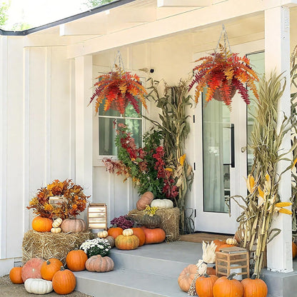 Hollyone Fall Hanging Baskets Small Artificial Fern Orange 21 Leaves Fall Hanging Decor Plant Boston Ferns Silk Plants with Brown Rattan Baskets Outdoors Indoor Fake Fern Autumn Decorations for Home