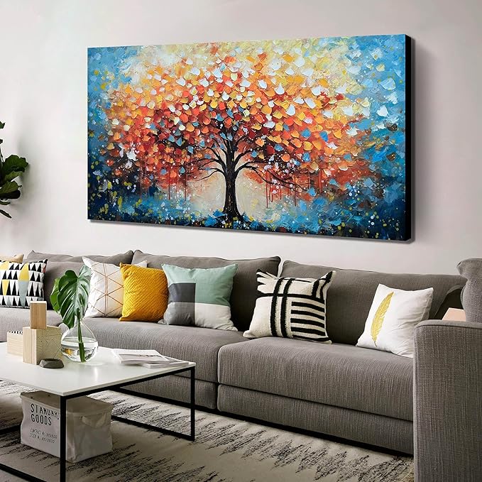 Zoyotago Large Canvas Wall Art for Living Room Bedroom Home Office Orange Yellow Tree of Life Wall Art Modern Hand-painted Oil Painting Size 29x59