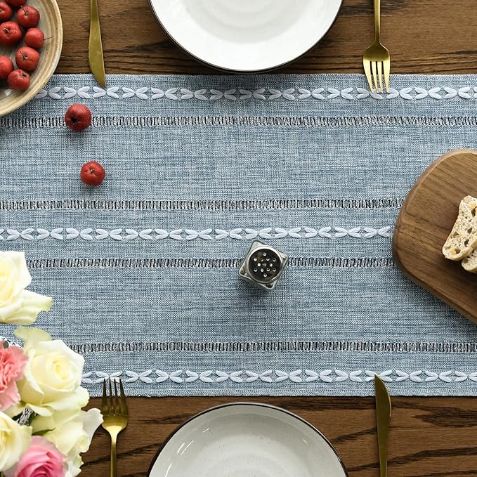 Artoid Mode Dusty Blue Cotton Linen Table Runner, Seasonal Rustic Embroidered Hollow Kitchen Dining Table Decoration for Home Party Decor 13x108 Inch