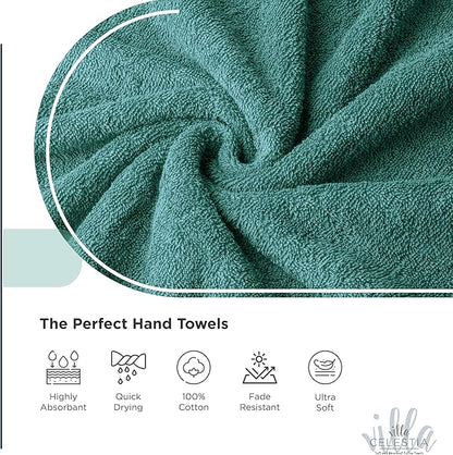 100% Cotton Hand Towel Set of 2, (16 x 28 inches) Sustainable, Soft, Highly Absorbent, Quick Drying, Combed Cotton Hand Towels Pack of 2 Ideal for Hotels, Spa, Bathroom, Dorm, Teal