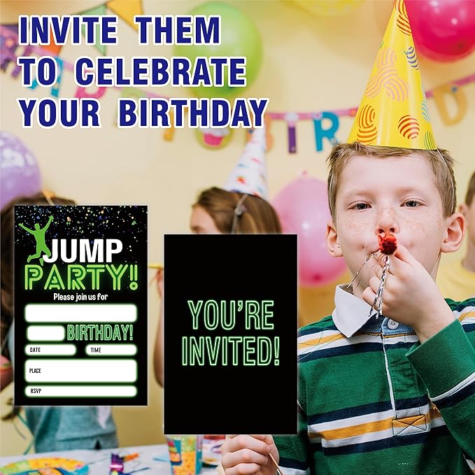 Glow Trampoline Birthday Invitations, Jump Party Invite Cards（20 Count) With Envelopes, Fill In Style Invite Cards For Boys & Girls, Birthday Party Supplies-C01