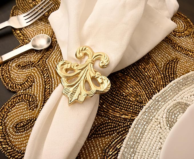 Lightweight Metal Napkin Rings Set of 12 - Fleur-de-Lis Napkin Holders for Dining Table, Weddings, and Special Events - Elegant Table Décor for Home & Restaurants (Gold) - CLEENTABLE