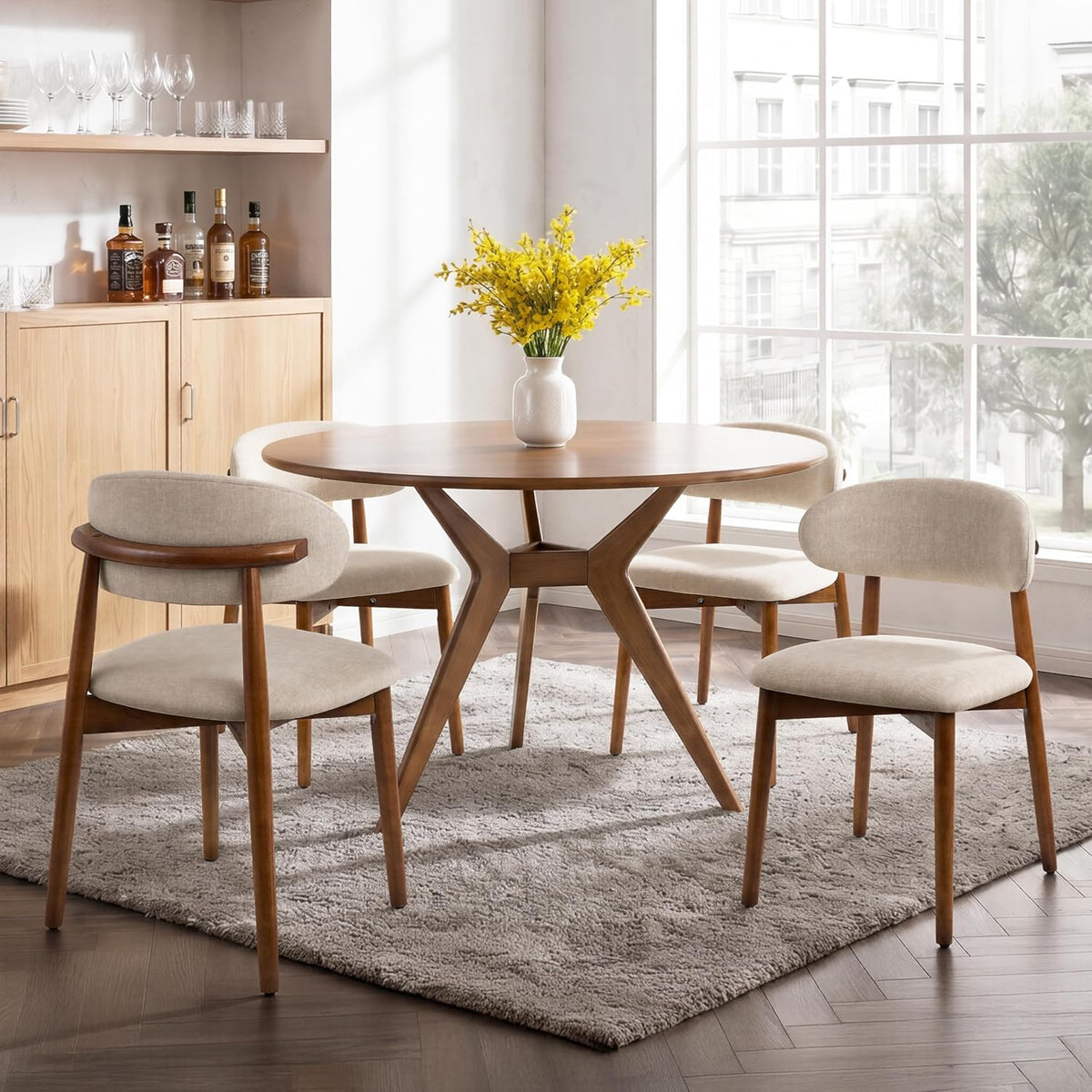Farmhouse Dining Chairs Set of 4, Mid Century Modern Wooden Velvet Fabric Upholstered Kitchen Chairs with Curve Back, Dining Room Chairs for Living Room Restaurant Cafe with Brown Legs, Warm Gray