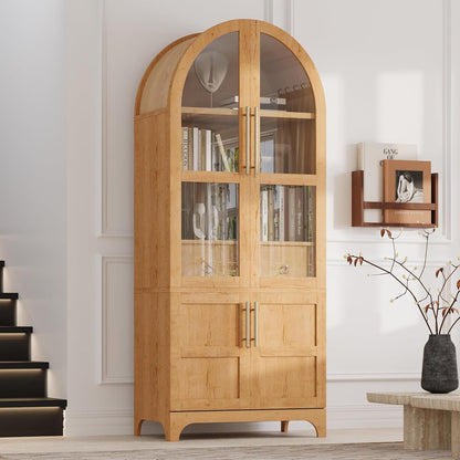 71" Arched Kitchen Pantry Cabinet with Glass Doors, Farmhouse Pantry Cabinet with Door Shelves and Drawer, Tall Cupboard with Adjustable Shelves for Kitchen, Dining Room, Natural
