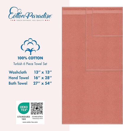 Cotton Paradise 6 Piece Towel Set, 100% Cotton Soft Absorbent Turkish Towels for Bathroom, 2 Bath Towels 2 Hand Towels 2 Washcloths, Coral Towel Set