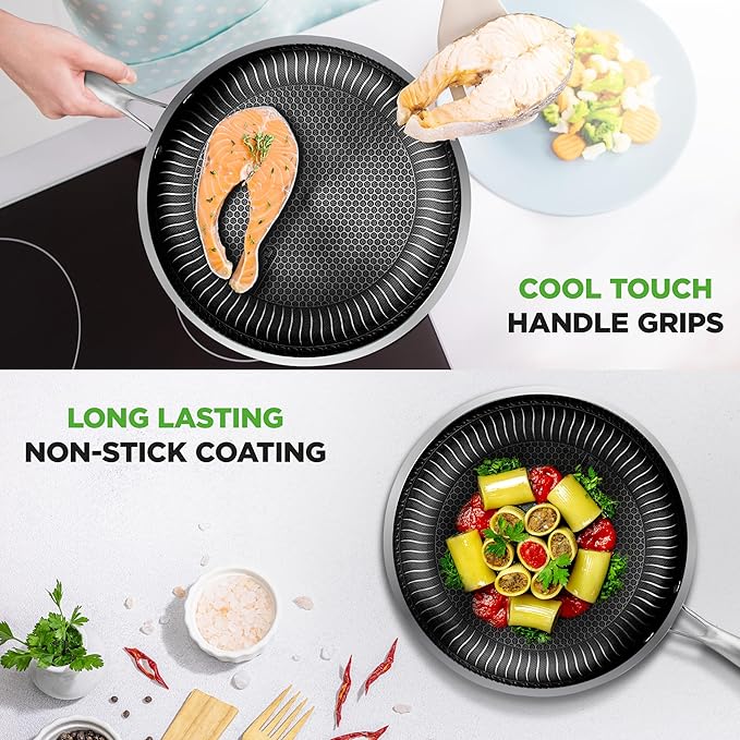 NutriChef 7-Piece Tri-Ply Stainless Steel Frying Pan Set & Wok – Nonstick, Induction Compatible, Oven Safe, Scratch-Resistant, Dishwasher Safe
