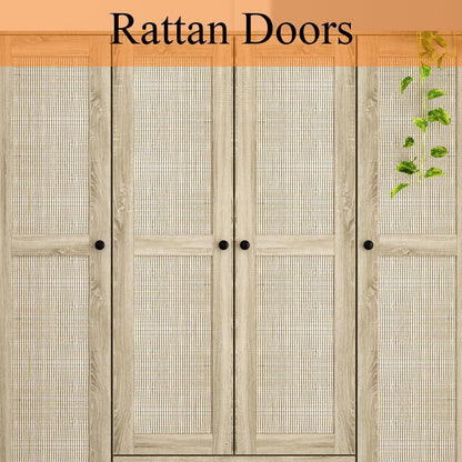 WOODTIME Rattan Armoire Wardrobe Closet with 7 Shelves, 5 Drawers & Hanging Bars, 59" L Wooden Wardrobe Clothes Storage Cabinet for Bedroom, Guest Room, Brown