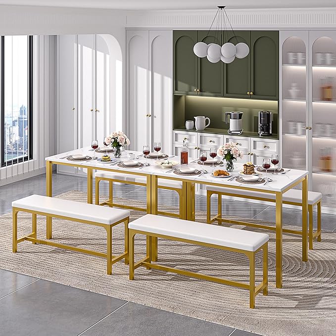 VECELO 3-Piece 63" Extendable Kitchen Table with Benches/Chairs, Modern Breakfast Dinette/Dining Room Set for 4/6/2, Small Space Saving Design, Easy Assembly