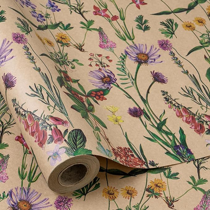 RUSPEPA 30" X 100' Wildflower Floral Wrapping Paper Large Kraft Paper Roll for Women, Jumbo Roll, Herbal Kraft Wrapping Paper for Christian Gifts, Birthdays, Weddings, Bridal Shower and Engagement