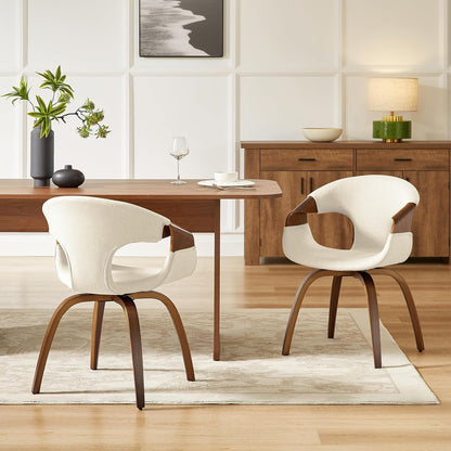 Zouron Mid-Century Swivel Dining Chair, Fabric Upholstered Accent Chairs with Bentwood Arms & Legs, Padded Armchair with Backrest for Kitchen, Dining Room, Living Room, Beige