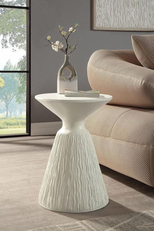 ø16'' Faux Concrete Cement Round Side Table End Table for Living Room, Modern Contemporary Minimalist White Finish Style, Fiber Concrete Material, No Assembly, White