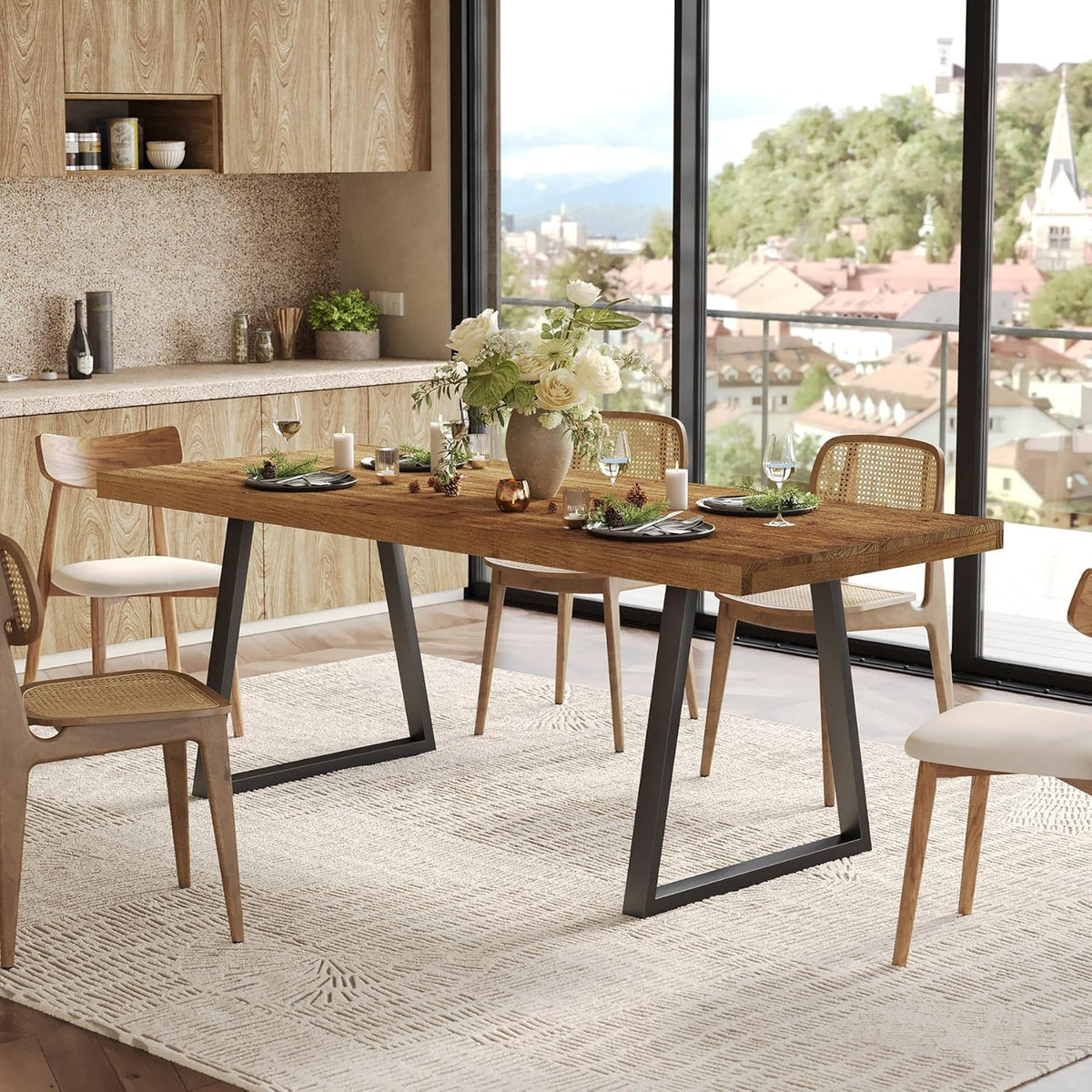 63" Industrial Dining Table for 4-6 People, Solid Wood Rectangular Kitchen Table with Heavy-Duty Metal Legs for Home, Dining Room, Small Space, Rustic Brown