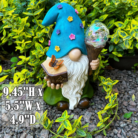 Garden Gnome - Solar Magician Gnome Figurine - 9.45 Inch Tall Decor Outdoor Lawn Statue with LED Lights