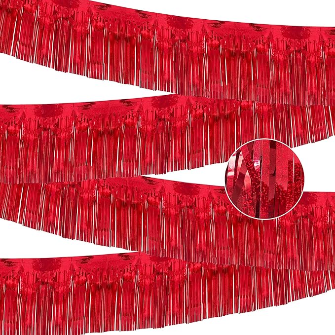 4 Pack 10 Feet Glitter Red Parade Float Decorations for Trailer Car, Glitter Foil Fringe Metallic Tinsel Streamers Banner Garland for Graduation Weeding Homecoming Birthday Party (Glitter- Red)