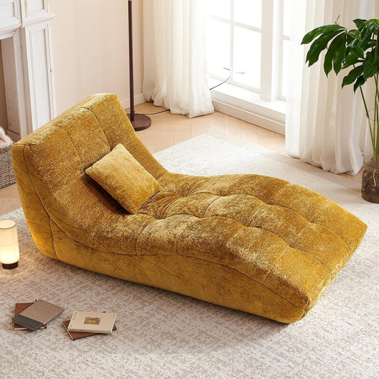 Chaise Lounge Chair with Curved Back, Modern Upholstered Recliner Sofa, Tufted Accent Lounger Comfortable Lazy Chair for Bedroom, Apartment (Yellow)