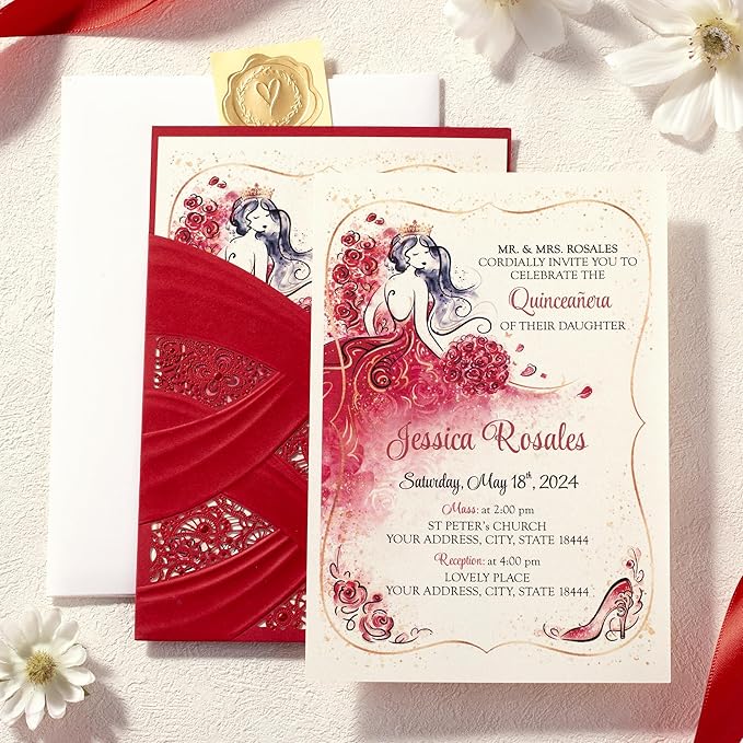 50pcs Laser Cut Quinceanera Invitations with Envelopes Red, 5x7.3 Personalized Invitation Cards for Wedding