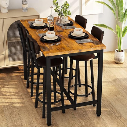 Lamerge Dining Table Set for 4 Bar Table and Chairs Set Industrial Counter Height Dining Table Set with 4 PU Upholstered Stools Kitchen Pub Table for Kitchen, Restaurant, Space Saving, Rustic Brown