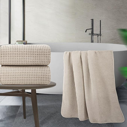 POLYTE Microfiber Quick Dry Lint Free Bath Sheet, 70 x 35 in, Set of 2 (Beige, Waffle Weave)