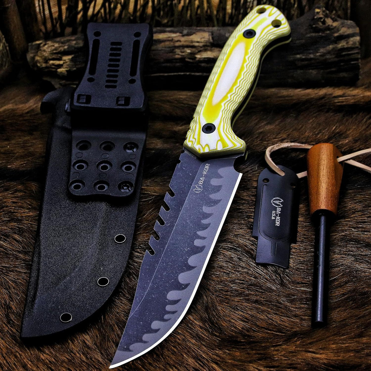 BA-KOR 12.4in Full Tang Fixed Blade Hunting Knife – 6mm 9CR18MoV Steel, G10 Handle, Stonewashed Sawback Blade with Kydex Sheath & Fire Starter for Outdoor, Camping, Survival (White and yellow stripes)