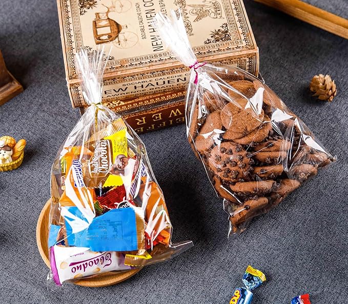 NPLUX 100 Pack Cellophane Bags Small Plastic Cookie Bag Clear Treat Bags with Twist Ties for Small Gift Party Favors, Bakery, Candy, Popcorn (6×10In)