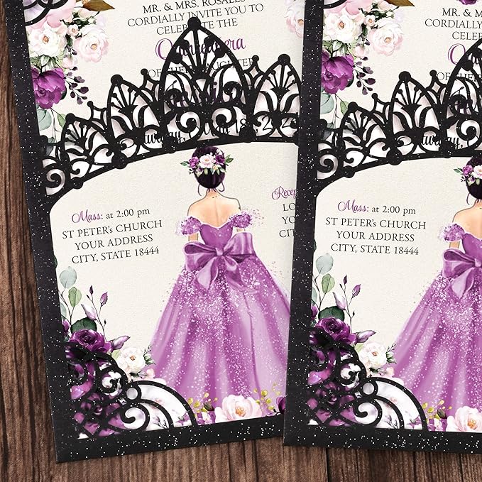 50Pcs Blank Pearlized Black Crown Invitations for Quinceanera, 15 year, Sweet 16, Miss XV, Birthday Laser Cut Quince Invitation Cards