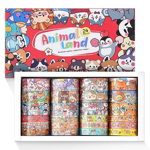 24 Rolls Colorful Cute Cartoon Animal Writable Washi Tape Set, Decorative Tapes for Scrapbooking and Journaling, Junk Journal Supplies, Bullet Journaling for Women Girl 8-15mm Wide 9.84ft Long/Roll