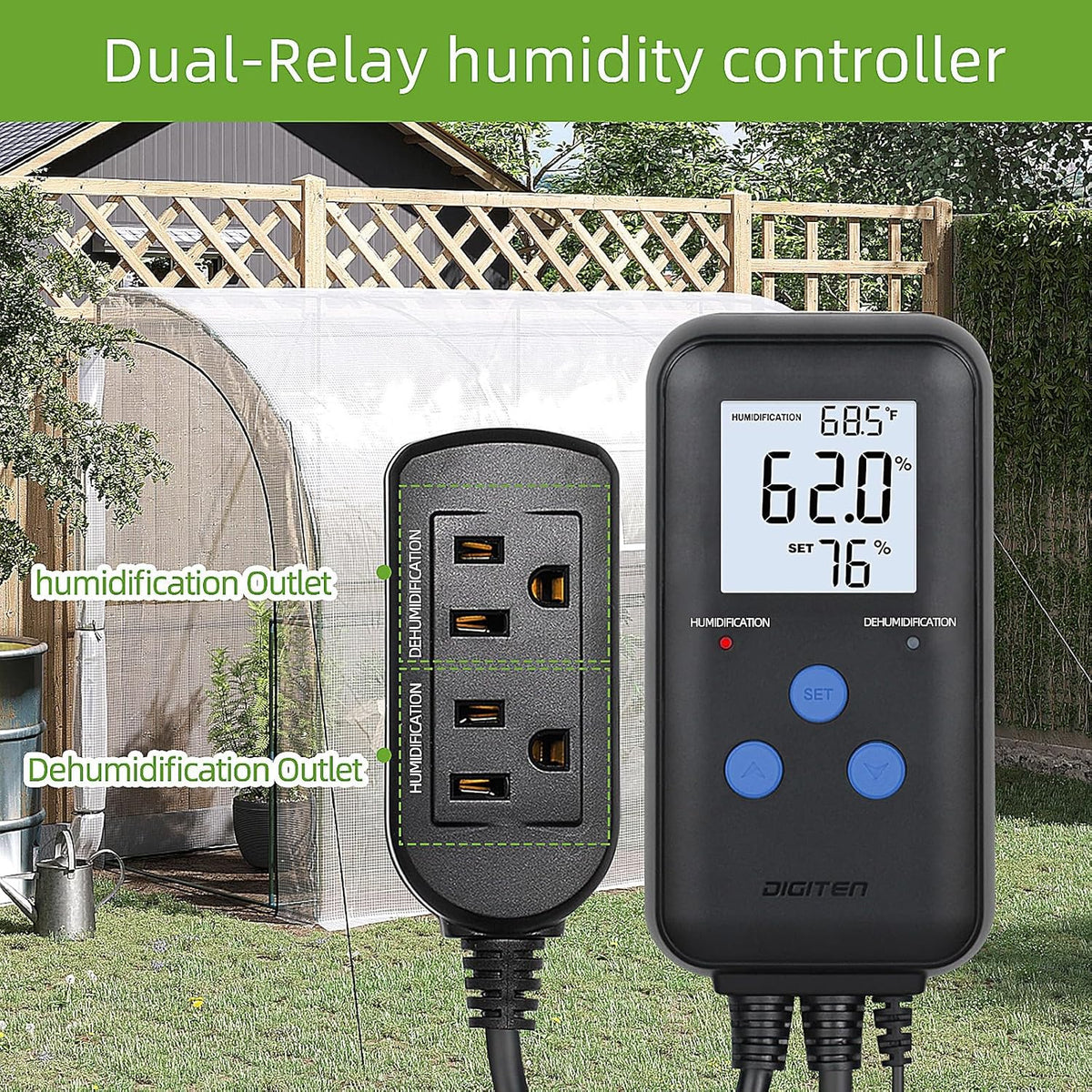 DIGITEN Humidity Controller Pre-Wired Digital Humidistat with Temperature Display, Dual-Stage Outlet Humidifier /Dehumidifier for Mushroom,Reptile, Greenhouse, Fan, Grow Tent