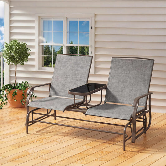 Yaheetech Outdoor Glider Bench Patio Loveseat with Table, Gray | Steel frame, Texteline fabric and tempered glass table provide comfort, easy assembly, and roomy two-person outdoor seating.