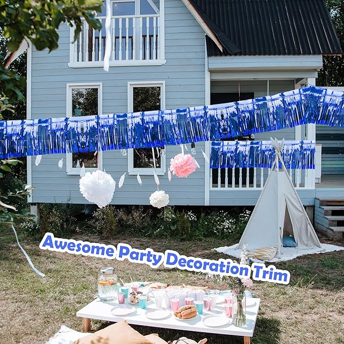 4 Pack Iridescent Float Fringe Curtains, Metallic Foil Fringe Garland Shiny Tassel Foil Parade Float Decorations for Trailer Car Graduation Homecoming Outdoor Indoor Party (Royal Blue)
