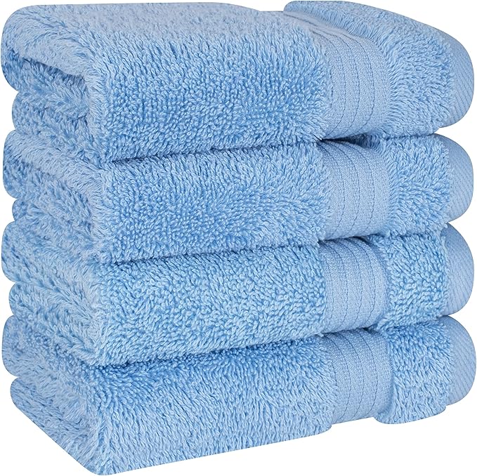 Cotton Paradise 100% Cotton Turkish Washcloth Set for Bathroom, 4 Piece Soft Absorbent Small Hand Face Towels Wash Rags, Sky Blue