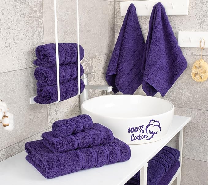 American Soft Linen Luxury 6 Piece Towel Set, 2 Bath Towels 2 Hand Towel 2 Washcloths, 600 GSM 100% Cotton Turkish Towels for Bathroom, Purple Towel Sets
