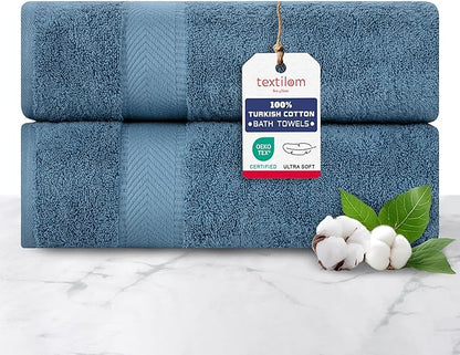 TEXTILOM 100% Turkish Cotton 2 Pcs Bath Towel Set, Luxury Bath Towels for Bathroom, Soft & Absorbent Hotel Quality Bathroom Towels Set (27 x 54 inches)- Mid Blue