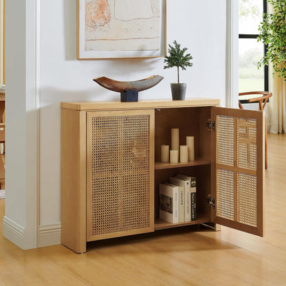 LKTART Small Sideboard Buffet Cabinet,Thin Kitchen Storage Cabinet with 2 Rattan Doors,Boho Wooden Console Table for Living Room,Entryway(39.4" Natural)