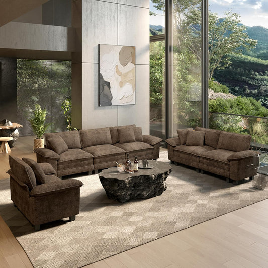 HERA'S HOUSE 3 Pieces Modular Sectional Couch Set with Armchair Loveseat | Modern 6-Seater Cloud Sofa Set , Grayish Brown, Wider Armrest, Deep Seat, Soft Chenille Furniture Set for Living Room