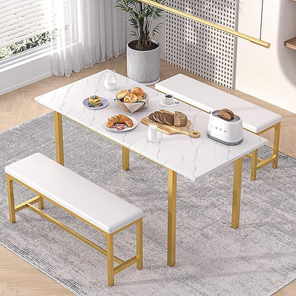 VECELO 3-Piece 63" Extendable Kitchen Table with Benches/Chairs, Modern Breakfast Dinette/Dining Room Set for 4/6/2, Small Space Saving Design, Easy Assembly