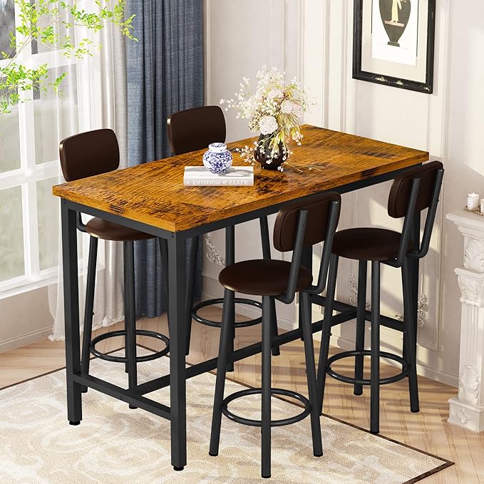 Lamerge Dining Table Set for 4 Bar Table and Chairs Set Industrial Counter Height Dining Table Set with 4 PU Upholstered Stools Kitchen Pub Table for Kitchen, Restaurant, Space Saving, Rustic Brown