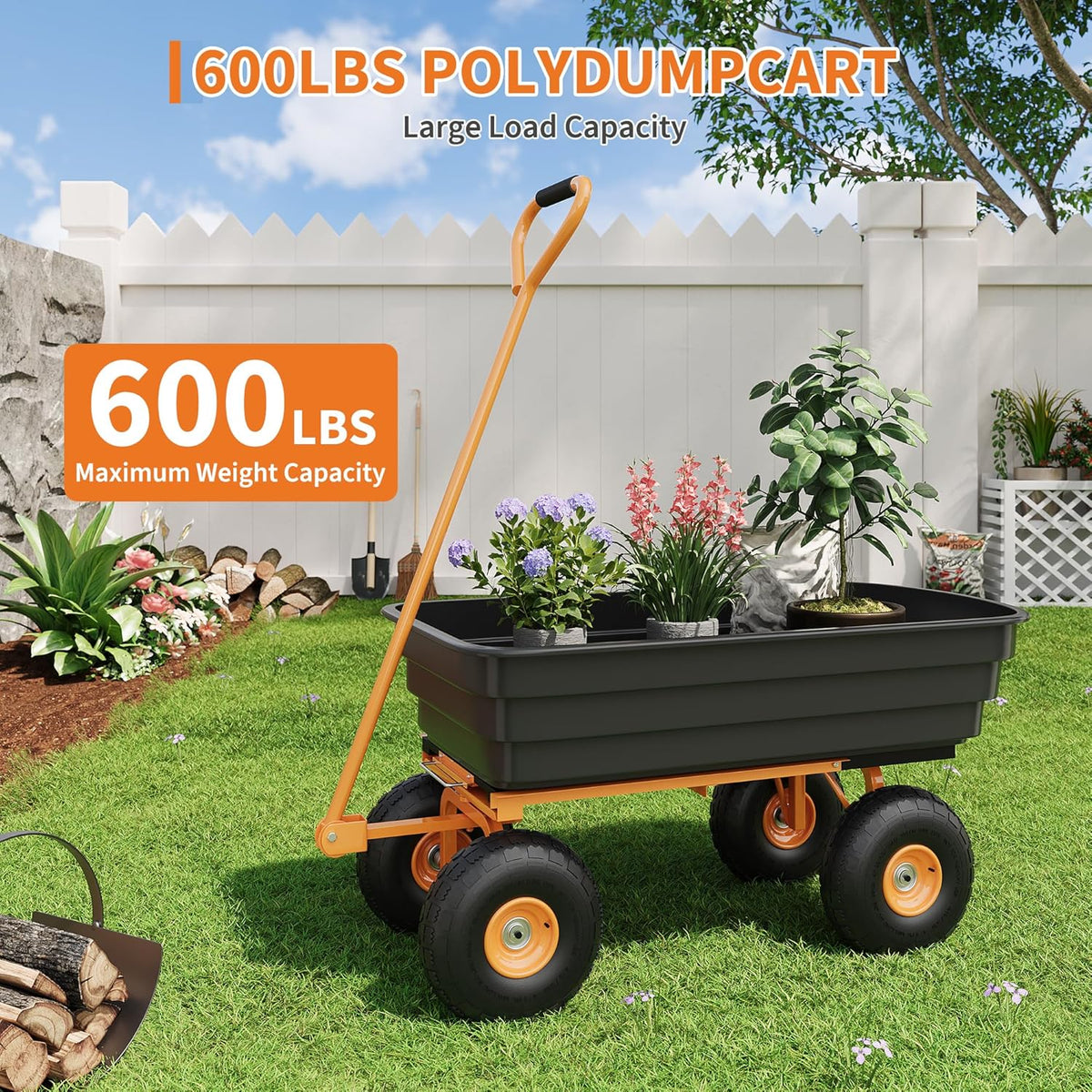 Garden Dump Cart - 600Lb Capacity Heavy Duty Yard Utility Garden Cart with Removable Dump Bed, All-Terrain Tires & 180° Adjustable Handle for Soil, Plants, Tools